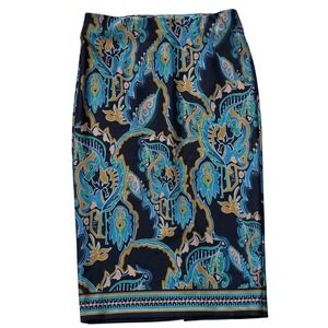 ECI New York Pencil Skirt Small S Blue Paisley Print Skirt Slit Back